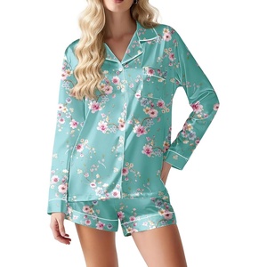 image:imageEkouaer Satin Pajama Set for Women Button Down Pj Set Long Sleeve Top and Shorts 2 Piece Loungewear Summer Soft SleepwearBlue Flowers