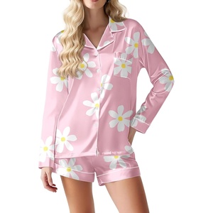 image:imageEkouaer Satin Pajama Set for Women Button Down Pj Set Long Sleeve Top and Shorts 2 Piece Loungewear Summer Soft SleepwearPink Flowers