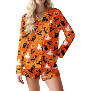 image:imageEkouaer Satin Pajama Set for Women Button Down Pj Set Long Sleeve Top and Shorts 2 Piece Loungewear Summer Soft SleepwearPumpkin