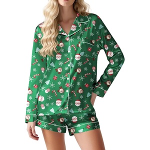 image:imageEkouaer Satin Pajama Set for Women Button Down Pj Set Long Sleeve Top and Shorts 2 Piece Loungewear Summer Soft SleepwearSanta Claus