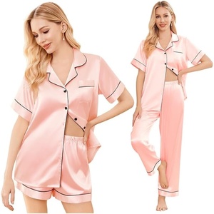 image:imageEkouaer Silk Pajamas for Women Set Satin Pjs Soft Short Sleeve Button Down Sleepwear 3 Piece Loungewear SXXLApink