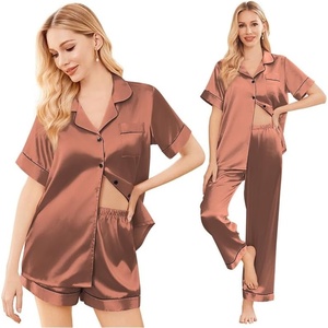 image:imageEkouaer Silk Pajamas for Women Set Satin Pjs Soft Short Sleeve Button Down Sleepwear 3 Piece Loungewear SXXLBrown