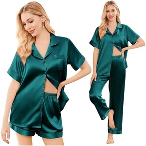 image:imageEkouaer Silk Pajamas for Women Set Satin Pjs Soft Short Sleeve Button Down Sleepwear 3 Piece Loungewear SXXLDark Green