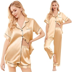 image:imageEkouaer Silk Pajamas for Women Set Satin Pjs Soft Short Sleeve Button Down Sleepwear 3 Piece Loungewear SXXLKhaki