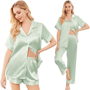 image:imageEkouaer Silk Pajamas for Women Set Satin Pjs Soft Short Sleeve Button Down Sleepwear 3 Piece Loungewear SXXLLight Green