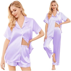 image:imageEkouaer Silk Pajamas for Women Set Satin Pjs Soft Short Sleeve Button Down Sleepwear 3 Piece Loungewear SXXLLilac