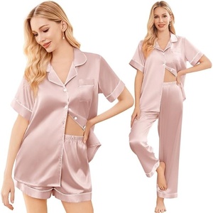 image:imageEkouaer Silk Pajamas for Women Set Satin Pjs Soft Short Sleeve Button Down Sleepwear 3 Piece Loungewear SXXLLotus Pink