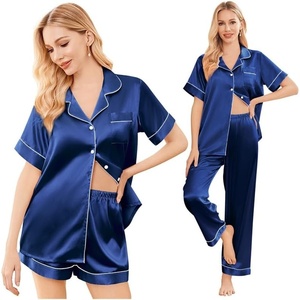 image:imageEkouaer Silk Pajamas for Women Set Satin Pjs Soft Short Sleeve Button Down Sleepwear 3 Piece Loungewear SXXLNavy Blue