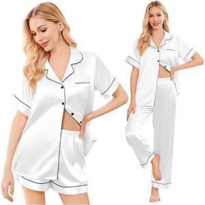 image:imageEkouaer Silk Pajamas for Women Set Satin Pjs Soft Short Sleeve Button Down Sleepwear 3 Piece Loungewear SXXLWhite