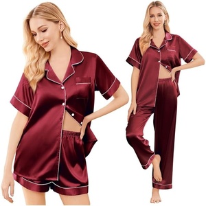 image:imageEkouaer Silk Pajamas for Women Set Satin Pjs Soft Short Sleeve Button Down Sleepwear 3 Piece Loungewear SXXLWine Red