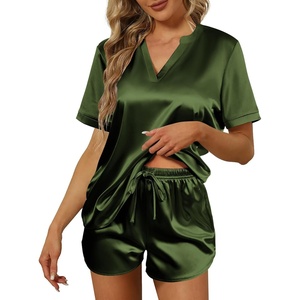 image:imageEkouaer Silk Pajamas for Women Short Sleeve Satin Sleepwear Twopiece Pjs Set Soft V Neck LoungewearSXXLArmy Green