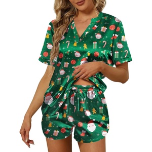 image:imageEkouaer Silk Pajamas for Women Short Sleeve Satin Sleepwear Twopiece Pjs Set Soft V Neck LoungewearSXXLChristmas Green