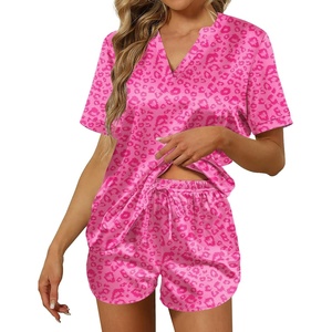 image:imageEkouaer Silk Pajamas for Women Short Sleeve Satin Sleepwear Twopiece Pjs Set Soft V Neck LoungewearSXXLHot Pink Leopard