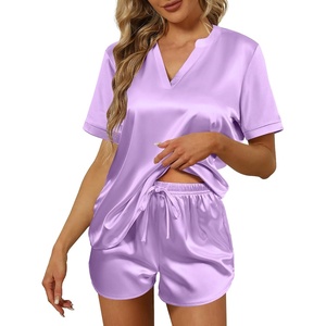 image:imageEkouaer Silk Pajamas for Women Short Sleeve Satin Sleepwear Twopiece Pjs Set Soft V Neck LoungewearSXXLLight Purple