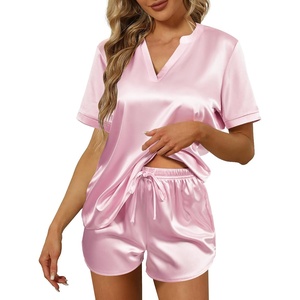 image:imageEkouaer Silk Pajamas for Women Short Sleeve Satin Sleepwear Twopiece Pjs Set Soft V Neck LoungewearSXXLPink