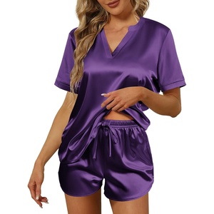 image:imageEkouaer Silk Pajamas for Women Short Sleeve Satin Sleepwear Twopiece Pjs Set Soft V Neck LoungewearSXXLPurple
