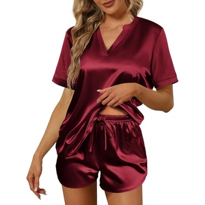 image:imageEkouaer Silk Pajamas for Women Short Sleeve Satin Sleepwear Twopiece Pjs Set Soft V Neck LoungewearSXXLWine Red
