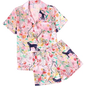 image:imageEkouaer Silk Satin Pajamas 2 Piece Pajamas for Women Set Button Down PJ Short Sleeve and Shorts Pjs Lounge Sets1pink With Tiger