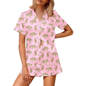 image:imageEkouaer Silk Satin Pajamas 2 Piece Pajamas for Women Set Button Down PJ Short Sleeve and Shorts Pjs Lounge Sets2pink With Cheetah