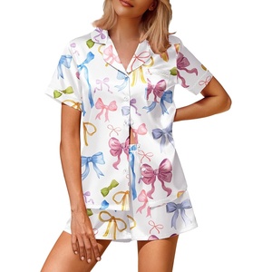 image:imageEkouaer Silk Satin Pajamas 2 Piece Pajamas for Women Set Button Down PJ Short Sleeve and Shorts Pjs Lounge SetsColorful Bow