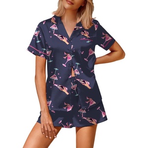 image:imageEkouaer Silk Satin Pajamas 2 Piece Pajamas for Women Set Button Down PJ Short Sleeve and Shorts Pjs Lounge SetsDeep Blue Cocktail Glass