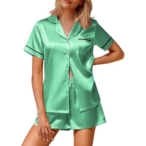 image:imageEkouaer Silk Satin Pajamas 2 Piece Pajamas for Women Set Button Down PJ Short Sleeve and Shorts Pjs Lounge SetsGreen
