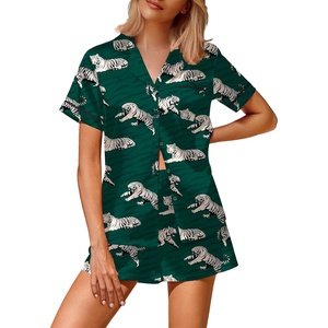 image:imageEkouaer Silk Satin Pajamas 2 Piece Pajamas for Women Set Button Down PJ Short Sleeve and Shorts Pjs Lounge SetsGrenn Tiger