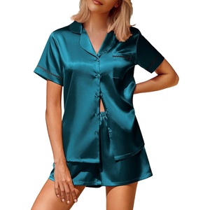 image:imageEkouaer Silk Satin Pajamas 2 Piece Pajamas for Women Set Button Down PJ Short Sleeve and Shorts Pjs Lounge SetsLake Blue