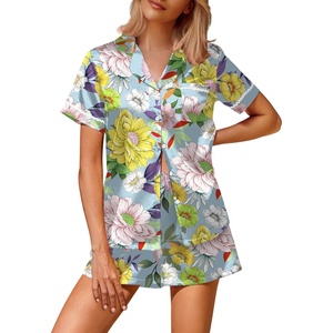 image:imageEkouaer Silk Satin Pajamas 2 Piece Pajamas for Women Set Button Down PJ Short Sleeve and Shorts Pjs Lounge SetsYellow Chrysanthemum
