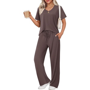 image:imageEkouaer Womens 2 Piece Lounge Set Casual Summer Outfits Ribbed Short Sleeve amp Wide Leg Pants Matching Set for Travel HomeBrown