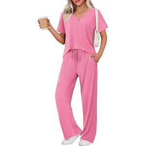 image:imageEkouaer Womens 2 Piece Lounge Set Casual Summer Outfits Ribbed Short Sleeve amp Wide Leg Pants Matching Set for Travel HomeHot Pink