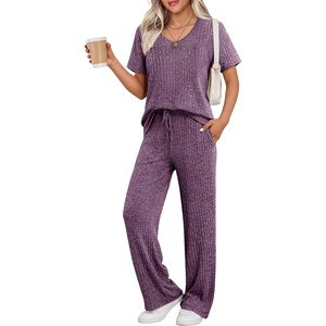 image:imageEkouaer Womens 2 Piece Lounge Set Casual Summer Outfits Ribbed Short Sleeve amp Wide Leg Pants Matching Set for Travel HomePurple