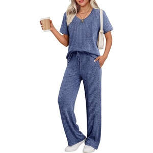 image:imageEkouaer Womens 2 Piece Lounge Set Casual Summer Outfits Ribbed Short Sleeve amp Wide Leg Pants Matching Set for Travel HomeRoyal Blue