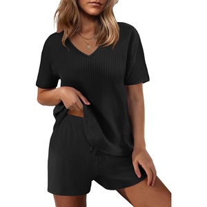 image:imageEkouaer Womens 2 Piece Lounge Sets Summer Two Piece Outfits Ribbed Knit V Neck Short Sleeve Tee and Pockets Shorts SetsBlack