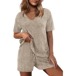 image:imageEkouaer Womens 2 Piece Lounge Sets Summer Two Piece Outfits Ribbed Knit V Neck Short Sleeve Tee and Pockets Shorts SetsKhaki
