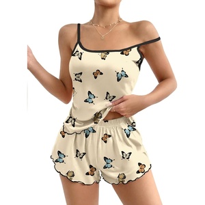 image:imageEkouaer Womens Cami Pajama Sets 2 Piece Cute Print Pjs Soft Tank Top amp Elastic Waist Shorts Camisole Lounge SetBeige Butterfly