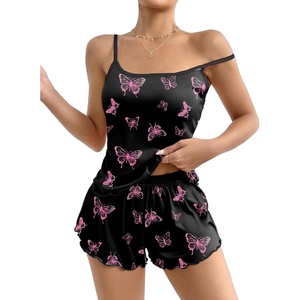 image:imageEkouaer Womens Cami Pajama Sets 2 Piece Cute Print Pjs Soft Tank Top amp Elastic Waist Shorts Camisole Lounge SetBlack Pink Butterfly
