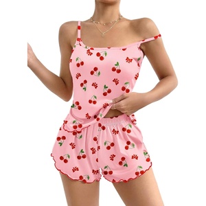 image:imageEkouaer Womens Cami Pajama Sets 2 Piece Cute Print Pjs Soft Tank Top amp Elastic Waist Shorts Camisole Lounge SetRed Cherry