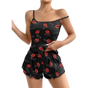 image:imageEkouaer Womens Cami Pajama Sets 2 Piece Cute Print Pjs Soft Tank Top amp Elastic Waist Shorts Camisole Lounge SetRed Lip