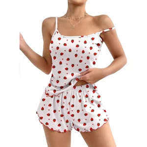 image:imageEkouaer Womens Cami Pajama Sets 2 Piece Cute Print Pjs Soft Tank Top amp Elastic Waist Shorts Camisole Lounge SetStrawberry