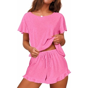 image:imageEkouaer Womens Pajama Set Ruffle Sleeves Top and Short Soft 2 Piece Loungewear SetPink Cosmos