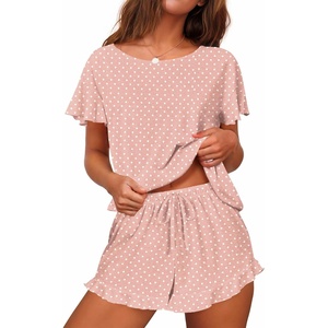 image:imageEkouaer Womens Pajama Set Ruffle Sleeves Top and Short Soft 2 Piece Loungewear SetPink Polka Dots