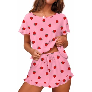 image:imageEkouaer Womens Pajama Set Ruffle Sleeves Top and Short Soft 2 Piece Loungewear SetPink Strawberry