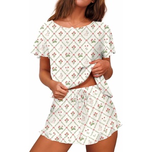 image:imageEkouaer Womens Pajama Set Ruffle Sleeves Top and Short Soft 2 Piece Loungewear SetRabbits and Flowers