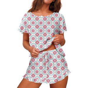image:imageEkouaer Womens Pajama Set Ruffle Sleeves Top and Short Soft 2 Piece Loungewear SetSilhouette Flower Leaves