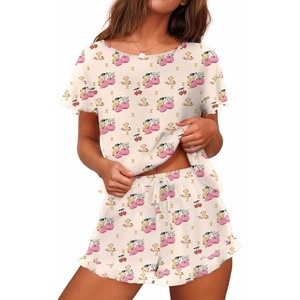 image:imageEkouaer Womens Pajama Set Ruffle Sleeves Top and Short Soft 2 Piece Loungewear SetTeddy Bearcherry
