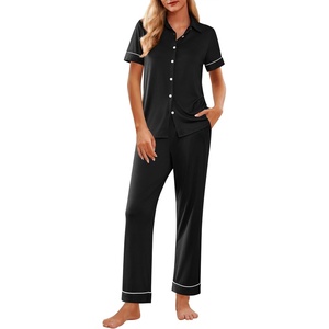 image:imageEkouaer Womens Pajama Sets 2 Piece Button Down Short Sleeve Pjs Set Soft Lounge Set with Long Pants SXXLBlack