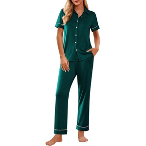 image:imageEkouaer Womens Pajama Sets 2 Piece Button Down Short Sleeve Pjs Set Soft Lounge Set with Long Pants SXXLGreen