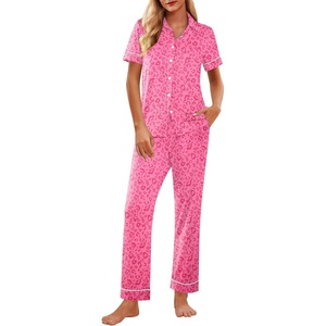 image:imageEkouaer Womens Pajama Sets 2 Piece Button Down Short Sleeve Pjs Set Soft Lounge Set with Long Pants SXXLHot Pink Leopard Print