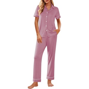 image:imageEkouaer Womens Pajama Sets 2 Piece Button Down Short Sleeve Pjs Set Soft Lounge Set with Long Pants SXXLMauvepink